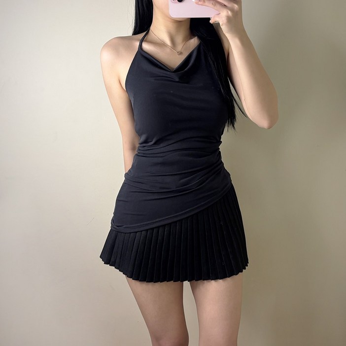 VANANA2 여성 국내제작 유니크 슬림 홀터끈 드레이프 레이어드 롱 나시