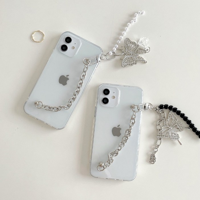 삼성 갤럭시 A시리즈 전기종 나비 진주 키링 체인 스트랩 투명 슬림 유니크한 감성 디자인 실리콘 젤리 핸드폰 케이스