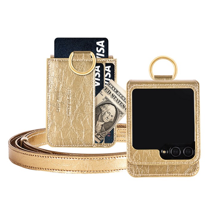 비유어산타 갤럭시 Z플립6 케이스 천연가죽 힌지보호 카드 수납 링 플립6 마스야드3포켓 1포켓 D링용 숄더스트랩 세트