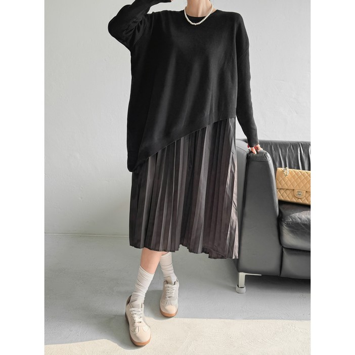 여성 루즈핏 언발란스 사선 니트 주름 롱 원피스 빅사이즈 임산부 하객룩