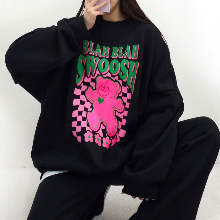 [4XL, 2COLOR] 스우시곰돌 맨투맨 (기모ver.) 55~99까지 오버사이즈 남여공용 기모 겨울 홈웨어 박스맨투맨