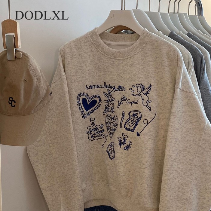 DODLXL 자수 하트 숏 맨투맨 긴팔 티셔츠