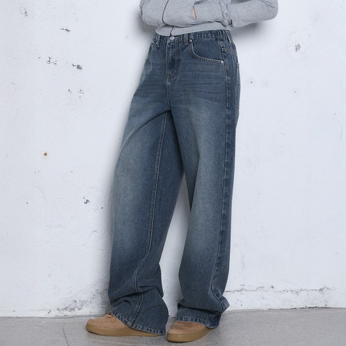 뒷밴딩 무지 와이드 데님 팬츠인디고 블루