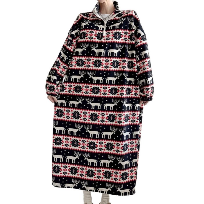 플랜메이 노르딕 꽃사슴 후리스 오버핏 롱원피스 캠핑 홈웨어 파자마 아노락 집업 국내생산