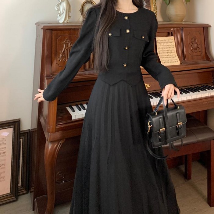 뉴욕멋쟁이 세즈 트위드 플리츠 롱원피스 5588사이즈까지