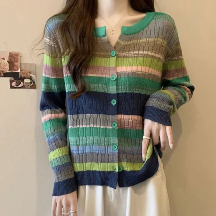 여성 무지개 반팔티 레인보우 반팔 니트 가디건 캐주얼 골프 웨어 스트라이프 반팔 가디건