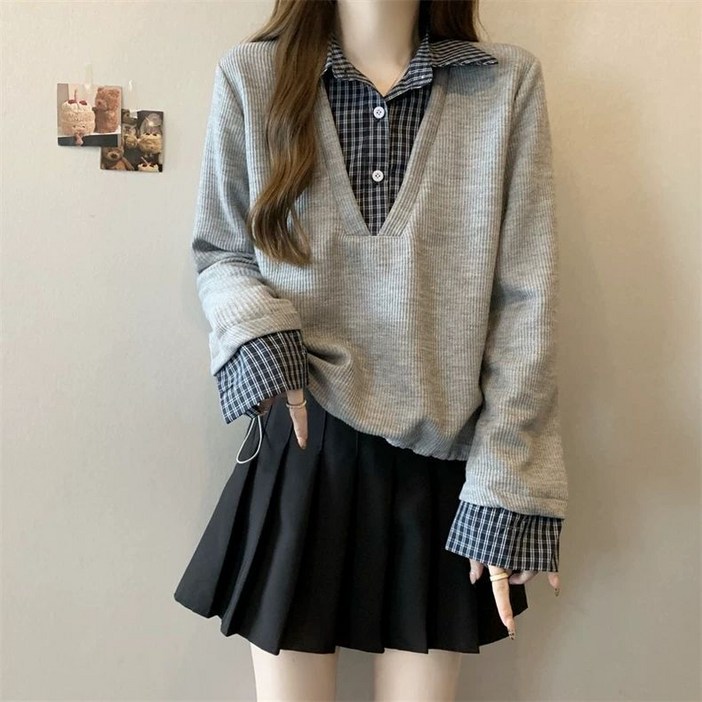 여성 루즈핏 체크 레이어드 셔츠넥 맨투맨 티셔츠 빅사이즈 페이크 투피스