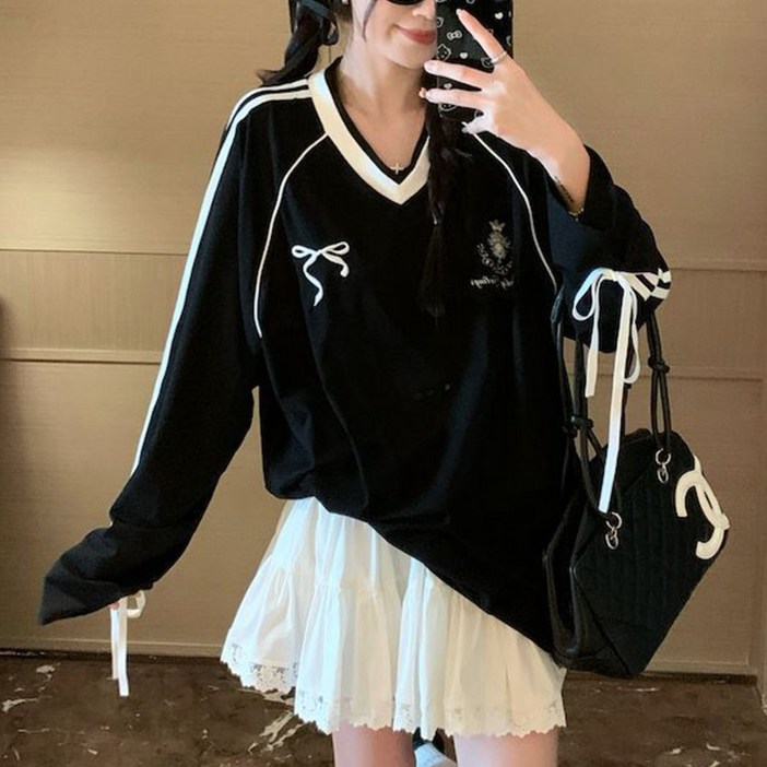 cammello 블록코어 트랙 리본 브이넥 긴팔 티셔츠 여성 박스티 맨투맨