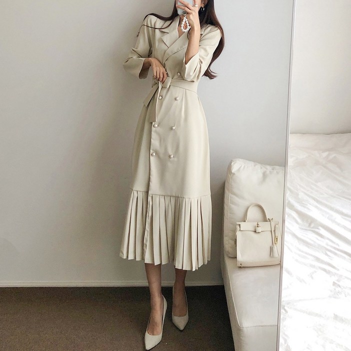 요시아나 당일발송 단아한 그랑시아 카라넥 진주 더블단추 플리츠 벨티드 롱원피스 2컬러 요시아나 당일발송 단아한 그랑시아 카라넥 진주 더블단추 플리츠 벨티드 롱원피스 2컬러