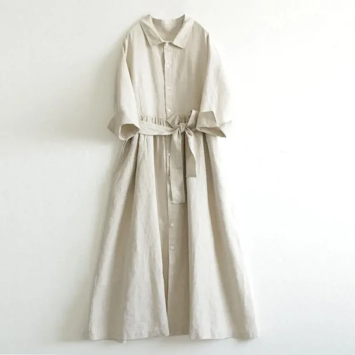 POMTOR여성 롱 셔츠형 7부 소매 면마 롱 원피스