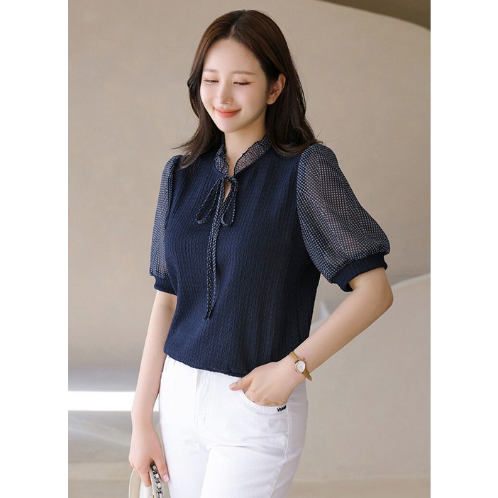스타일온미 루이스엔젤 루이델 쉬폰 소매 배색 쟈가드 블라우스 티 740188