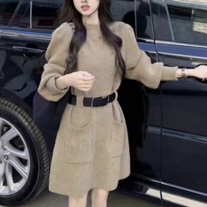 니트 포켓 긴팔 원피스