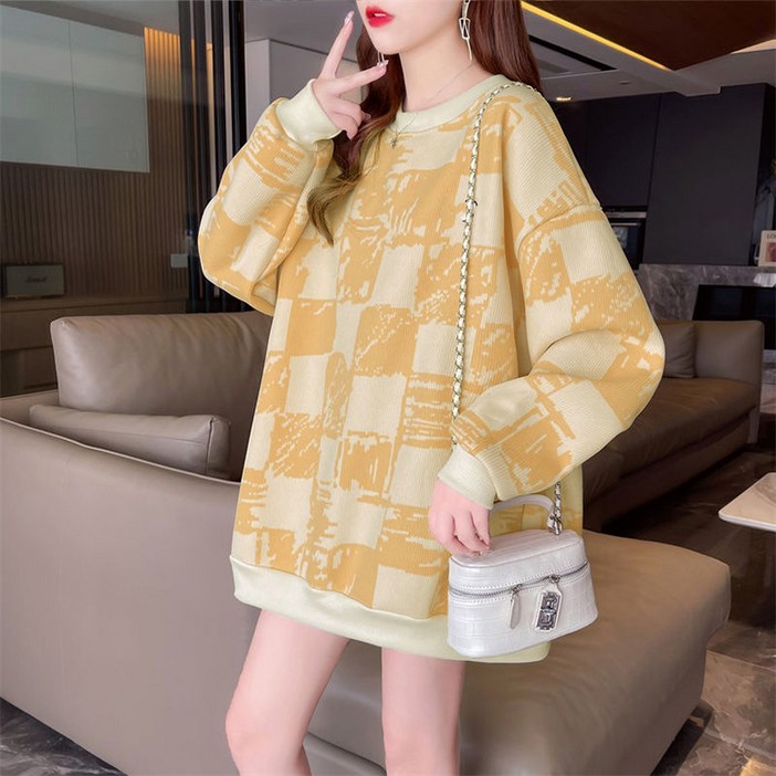 ORZQU 가을 겨울 여성 오버핏 체크 맨투맨 기모 도톰한 상의 아우터