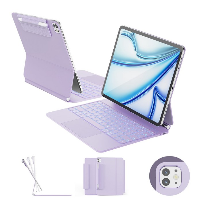 한국형 아이패드 에어 13인치 M4M3M2  프로 12.9인치 36세대 한글각인 키보드 케이스, 11색 백라이트, 트랙패드, 펜슬 홀더, 퍼플, 1개