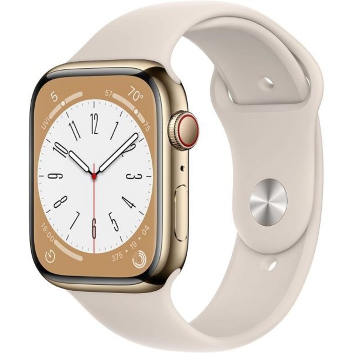 Apple Watch 시리즈 8(GPS + 셀룰러, 45mm) - 스타라이트 스포츠 밴드가 있는 골드 스테인리스 스틸 케이스(갱신)