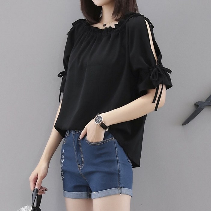 조에온 여성 여름 빅사이즈 오프숄더 반팔 티 A223