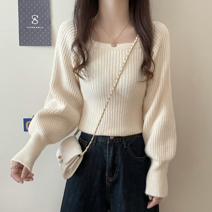 Kdragon 여성 데일리 스퀘어넥  나시 랩 스타일 골지 니트