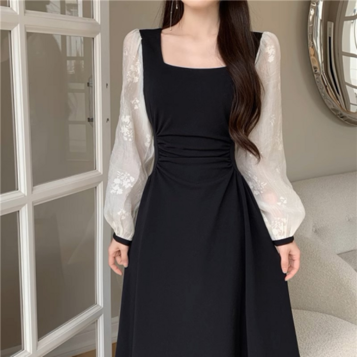 네디아 사각 칼라 긴팔 슬림 원피스 스몰부터 빅사이즈까지 미디 쉬폰 드레스