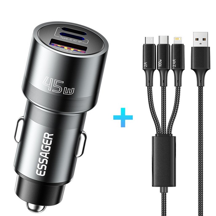 Essager 45W 3포트 C타입USB A라이트닝 차량용 시거잭 자동차 고속 충전기, 그레이
