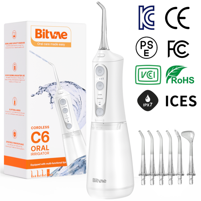 비트베이 C6 휴대용 무선 구강세정기 치간세정기 물칫실 6개노즐팁 2년무상AS Amazon 인기상품, 화이트