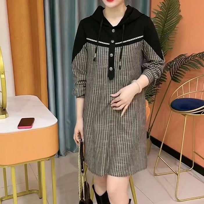 POMTOR 가을 여성 긴팔 원피스 캐주얼 루즈핏 하프 패치 스트라이프 스커트