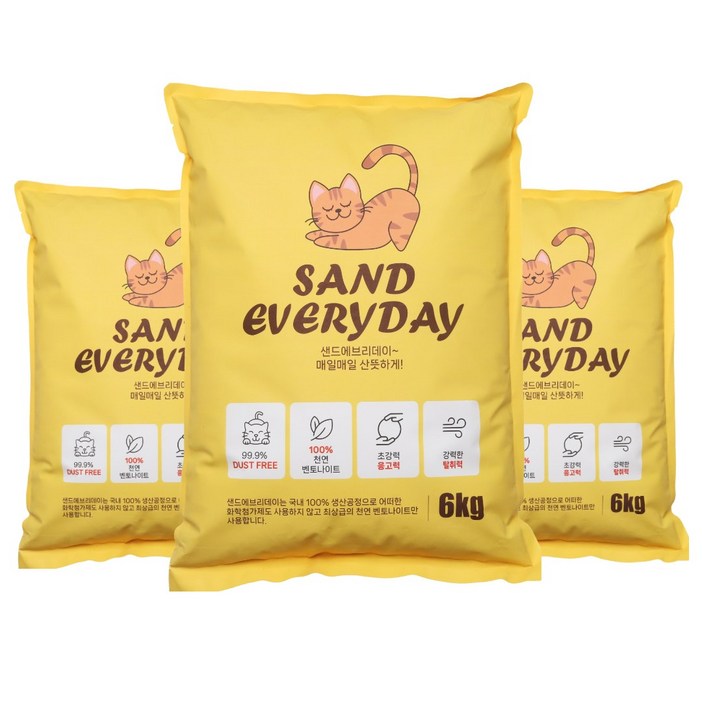 샌드에브리데이 먼지없는 응고형 벤토나이트 고양이모래 6kg, 3개, 6L, 무향