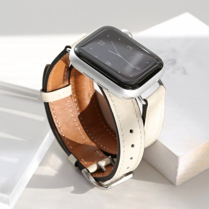 애플워치 호환 슬림 더블투어 가죽 스트랩 7 6 5 SE 40 41 44 45mm, 블랙, 1개