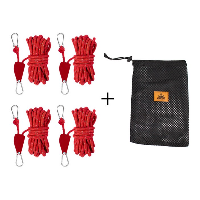 KOOLMAN쿨맨 다용도 이지스토퍼 로프라쳇 타프 스트링 4개  메쉬파우치 세트, 라쳇스트링 6mm×5M L  레드 4개메쉬 C
