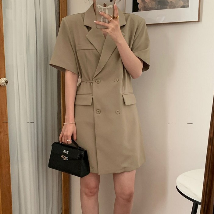 랩 더블 버튼 반팔 하프 자켓 카라넥 여성 정장 원피스