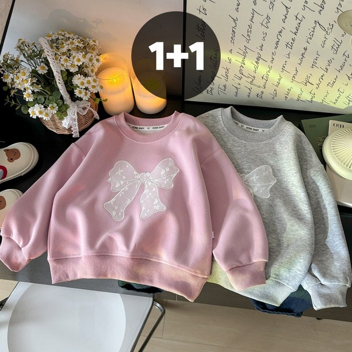 여아 라운드넥 왕리본 오버핏 맨투맨 티셔츠 2종세트