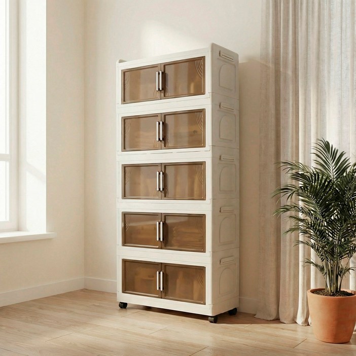 SHEU 접이식 수납장 대형 다용도 폴딩박스 대용량 수납장 리빙박스 가정용 이동식 옷장 거실 주방 정리함, 5개, 투명