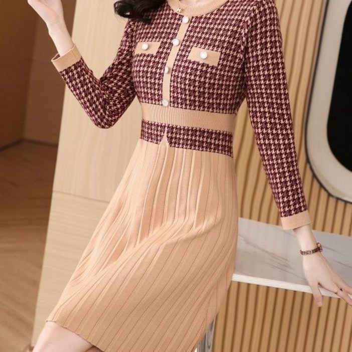 메인워크 여성 빅사이즈 라운드넥 스웨터 트위드 스커트 가을 겨울 고급 프렌치 하객룩 오피스룩 롱 원피스