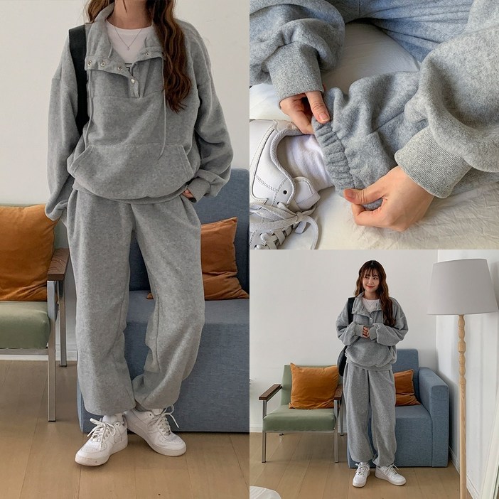 여성 데일리 터틀하이넥후드 조거팬츠 기모트레이닝 세트