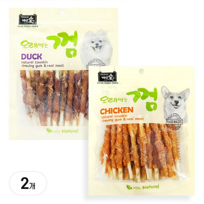 백년애 고기가 2배 이상 말린 오래먹는 개껌 강아지 간식 껌 치석 제거 인기 2개 묶음, 닭고기 스틱 24P + 오리고기 스틱 24P, 250g, 1세트