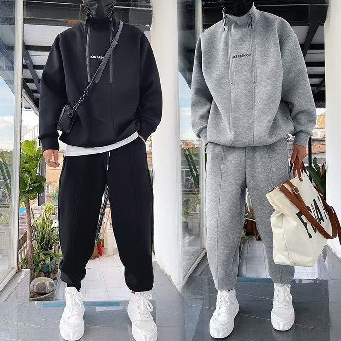 남자 빅사이즈 오버핏 하이넥 후드티  카고 조거팬츠 상하의 세트 트레이닝세트