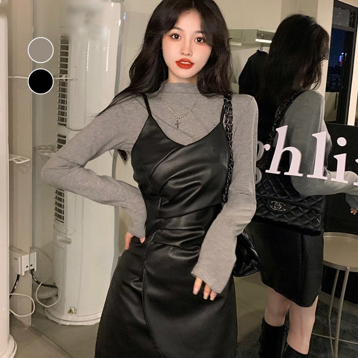 치유쿠 여자 가을 겨울 빅 사이즈 프렌치 레깅스 가죽 원피스