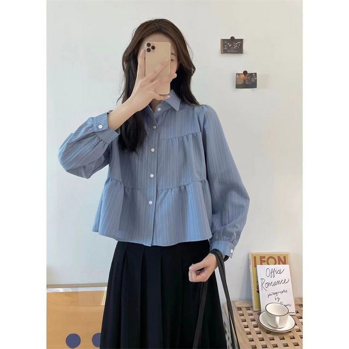 해피유통  여성용 셔츠 숏 프렌치 버튼 가벼운 심플한 레이어드 예쁜셔츠 긴팔셔츠 WHY