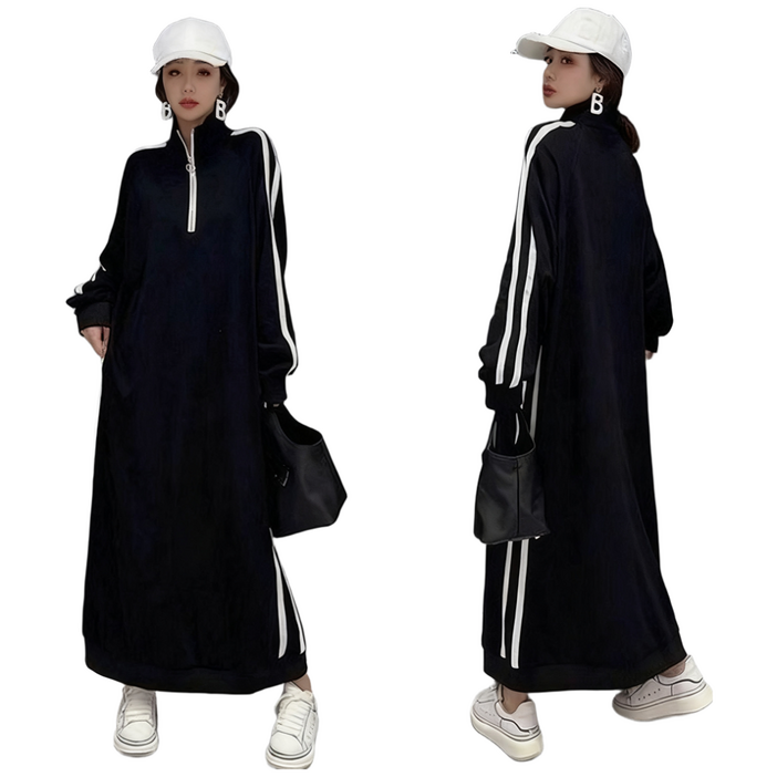 오스틱니 150kg까지 날씬해보이는 원피스 여성 가을 스트라이프 반집업 칼라 제인드 맨투맨 오버핏 이너 긴팔 캐주얼 패션 데일리 클래식배색 빅사이즈 오버사이즈 롱 원피스