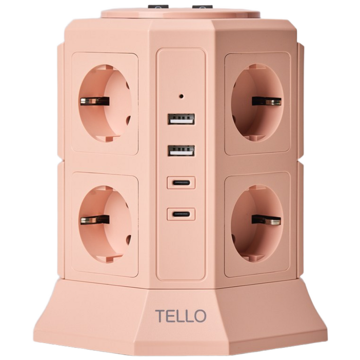 텔로 과부하차단 USB 타워 컬러 멀티탭 12구 KC인증 접지 안전 고급 멀티탭 선정리 가능한 인테리어 예쁜 귀여운 디자인 C타입 콘센트, 2m, 블라썸핑크, 1개