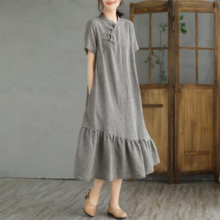 루스리더 여성 라운드 잔체크무늬 박시핏 반팔 롱 원피스 E1011