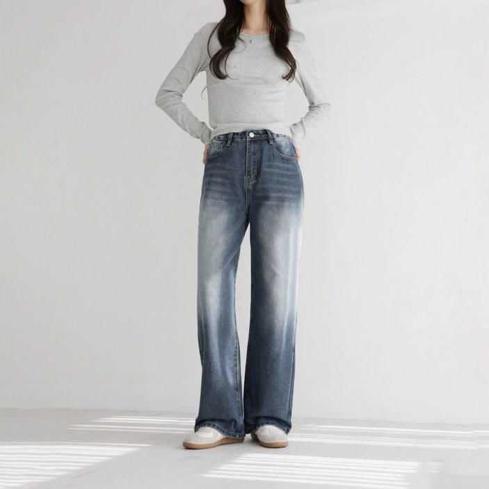 앤드스타일 여성용 숏기본롱 딱맞진1탄 No수선 모어워싱 인밴딩 와이드 데님 팬츠 264348