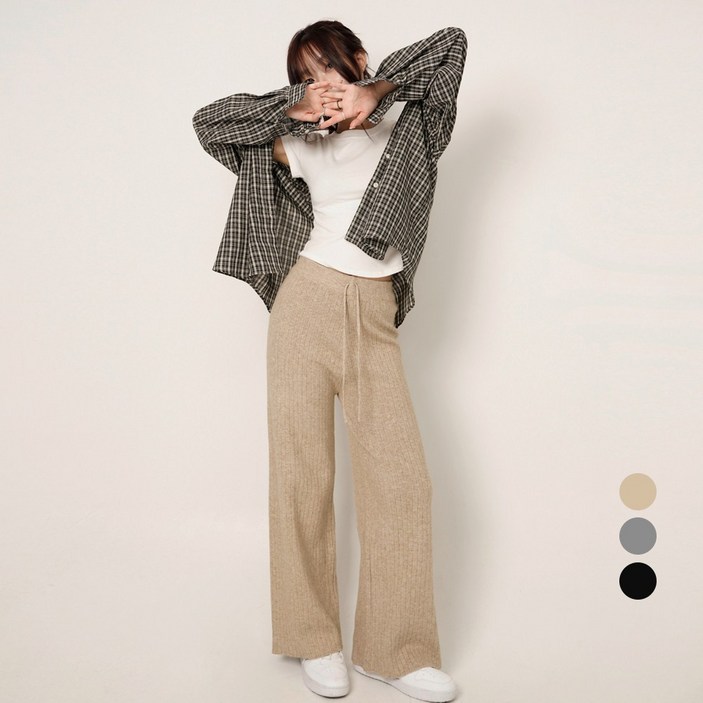 코튼클로젯 여성용 숏롱 기장 데일리 골지 와이드 밴딩 니트 팬츠