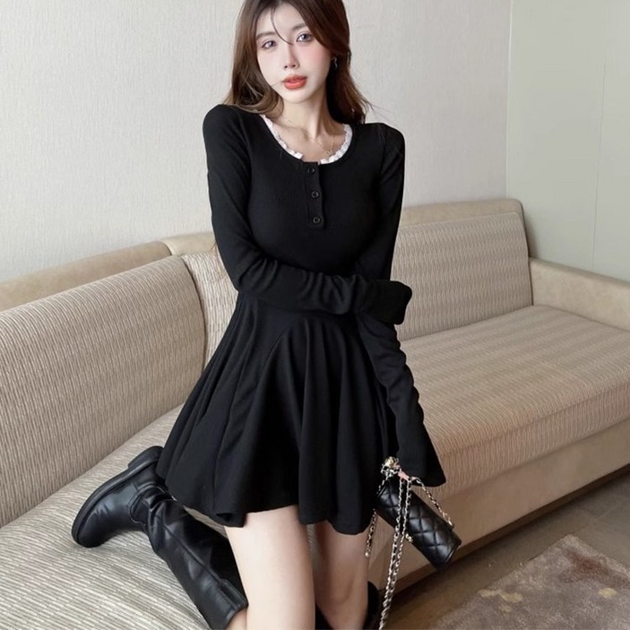 아이엠몽 여성용 베르띠 플레어 레이스 미니 원피스