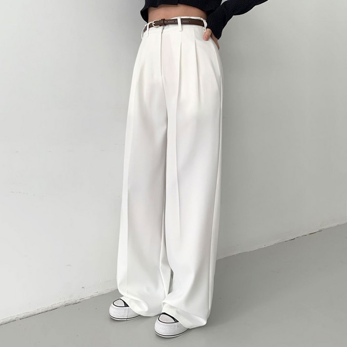 플랜데이 여성용 숏미디움롱 덴비 찰랑 와이드 핀턱 슬랙스