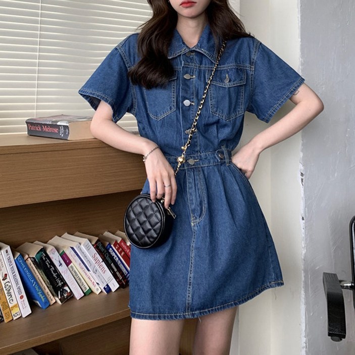 cammello 블루 데님 웨이스트 밴딩 반팔 미니 원피스 빅사이즈 드레스