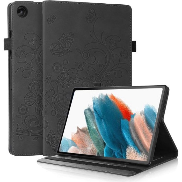 갤럭시 탭 A8 10.5 2021 SMX205SMX200 엠보싱 가죽 케이스 커버 및 카드 슬롯 핸드 스트랩 보호 블랙