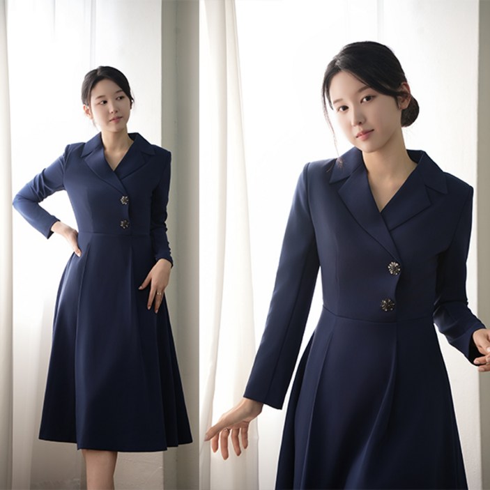 비비디아 네이비 롱원피스 여성 투버튼 자켓스타일 하객룩 오피스룩 단정한 정장 원피스 5539