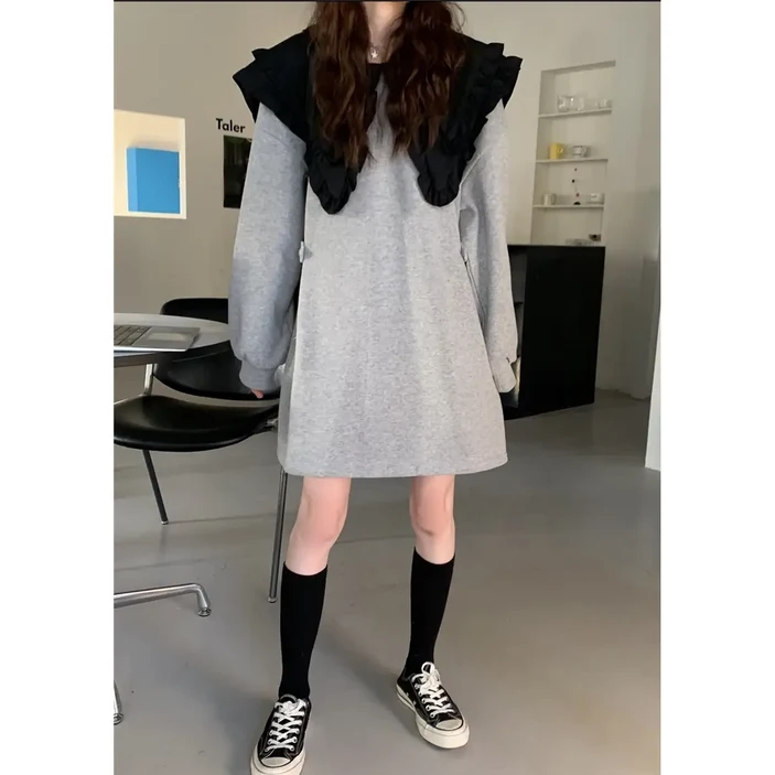 <유니크유니스> 프릴 나비 카라 루즈핏 미니 원피스
