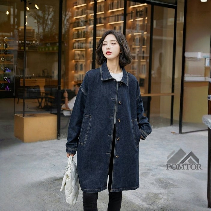 POMTOR 여성 칼라 루즈핏 캐주얼 하프 데님 셔츠 데님 코트