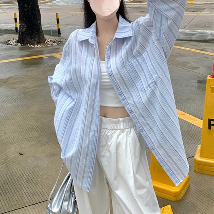 슬림소녀 여성 봄여름 데일리 캐주얼 미디 루즈핏 카라 스트라이프 긴팔 셔츠 아우터